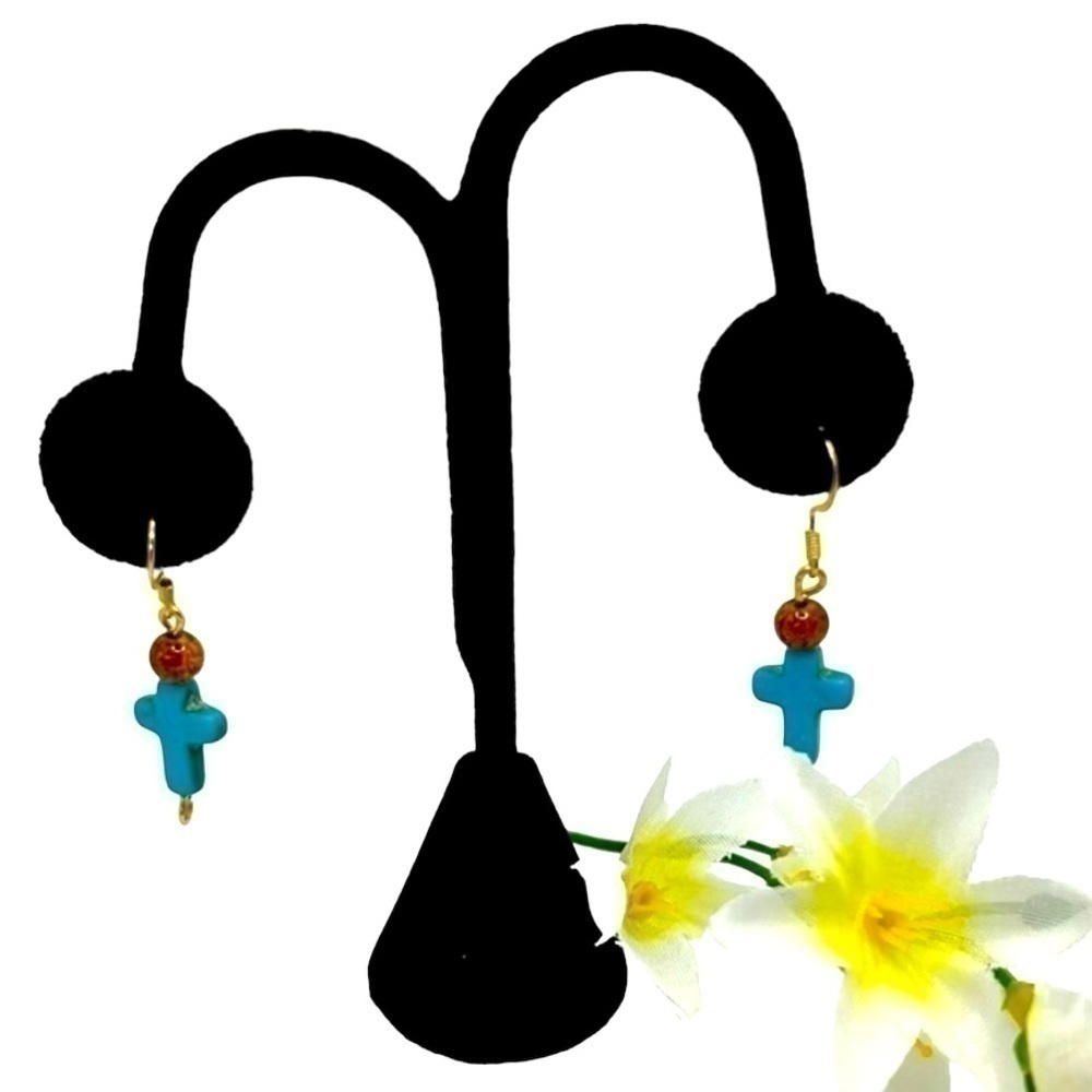 Earrings Handmade Turquoise Cross/Brown Glass Beaded Dangle Earrings